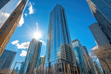 Fototapeta premium Tall Skyscrapers Under Bright Blue Sky