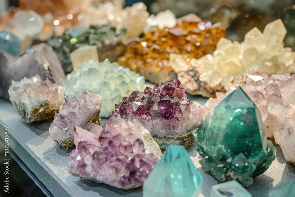 Poster variety of colorful crystals and gemstones sparkling under lights, creating a mesmerizing display of