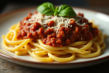 Italian pasta bolognese with cheese on a plate close-up