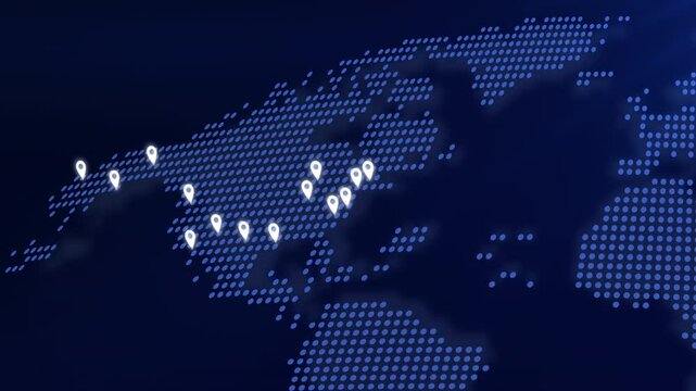 World map focusing pinhole of US cities. Digital comunication network, business, Travel, transportation, service delivery, social media. Major US cities in minimalist style. 60fps abstract background.