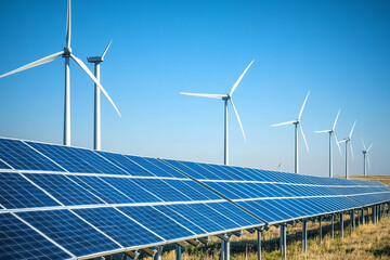 Eco-Friendly Urban Cityscape with Solar Panels, Wind Turbines, and Green Landscape Showcasing Renewable Energy and Sustainable Development