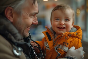A heartwarming moment between a grandfather and his grandchild, with the baby laughing in an orange jacket. A beautiful portrayal of family love and generational bonds.