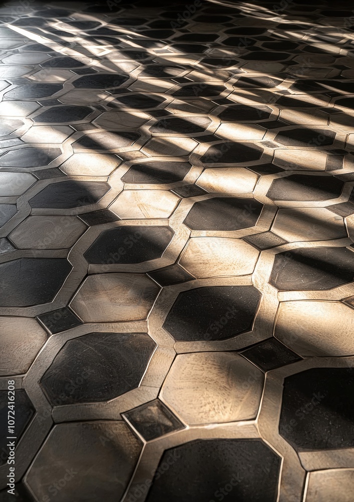 Poster a black and white tile floor with a pattern of squares and triangles