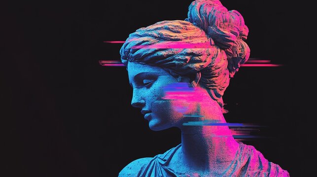 A classical sculpture's face merges with digital glitch effects, blending tradition with modern digital artistry in a unique fusion.