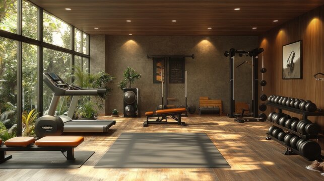 Modern home gym with fitness equipment and natural lighting.