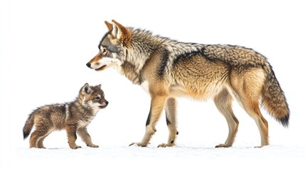 Fototapeta premium Family of Grey Wolves: Mother Wolf with Cub Isolated on White Background
