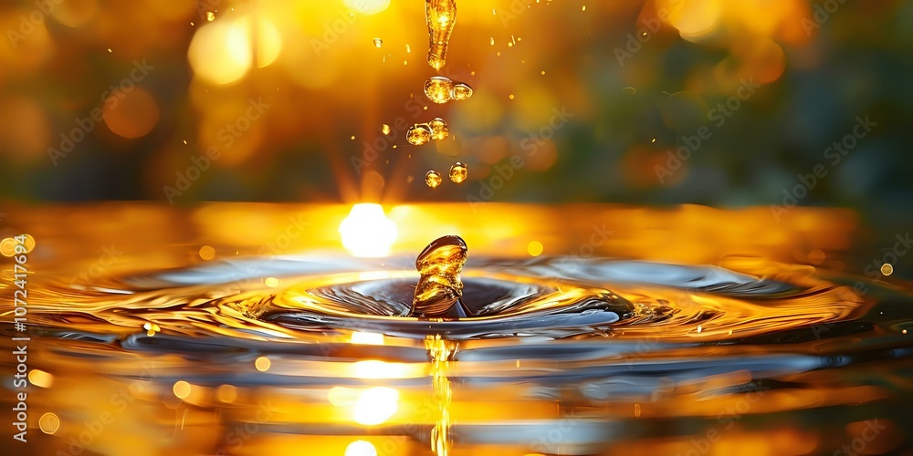 Poster golden water drop impact creating perfect circular ripples on liquid surface with warm bokeh backgro