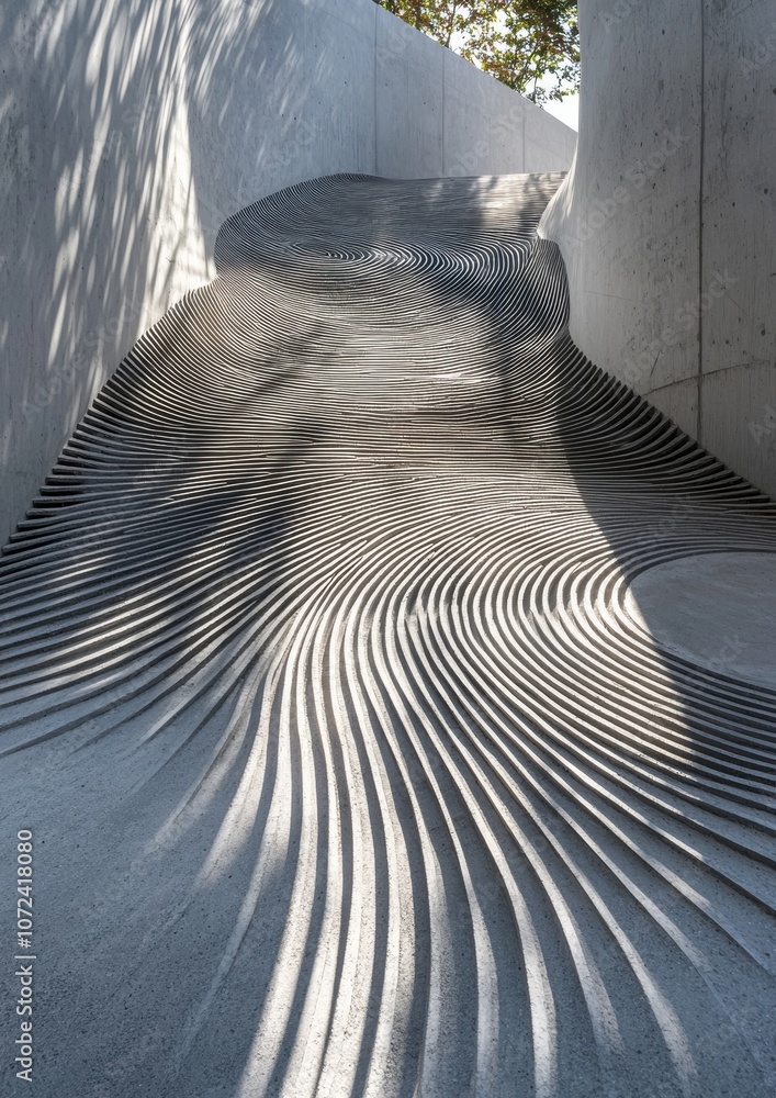 Poster a concrete wall with a wave pattern and a shadow cast on it