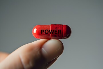 Close-up of a hand holding a red capsule with the word "POWER" written on it, symbolizing strength, energy, or empowerment. Perfect for health, motivation, or pharmaceutical concepts.