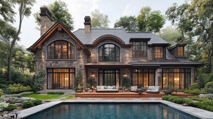 Elegant stone house with a pool, surrounded by lush greenery.