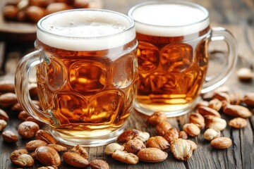 Closeup of two beer mugs with frothy ale roasted peanuts