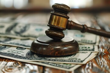 Wooden judge gavel or auction hammer on pile of US dollar banknotes, legal fees and court costs concept for law firm marketing and financial services.