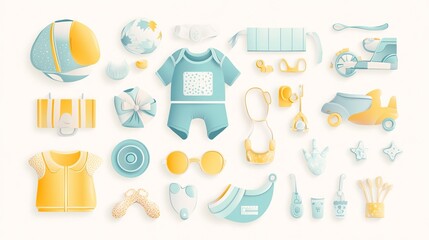 Fototapeta premium Baby clothes with accessories arranged on a simple background.