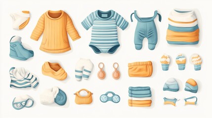 Top view of baby clothes and accessories on a neutral background.