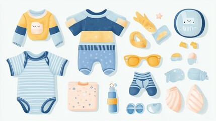 Top view of baby clothes and accessories on a neutral background.