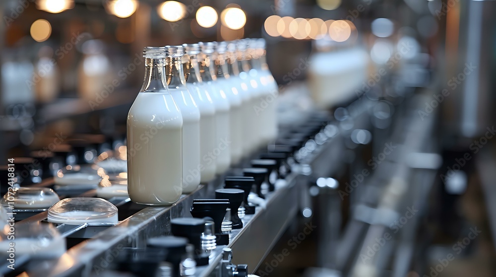 Poster fresh milk bottles on automated production line in modern dairy factory with bokeh lights background
