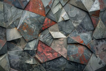 Textured stone wall featuring geometric shapes and a mix of red and grey hues, forming an abstract pattern