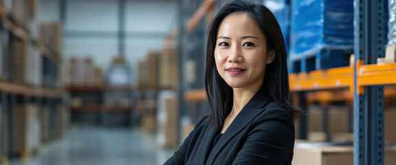 Confident Businesswoman in Warehouse Setting Overseeing Operations