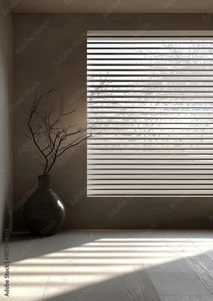 Aufkleber a vase with a branch in it sits in front of a window