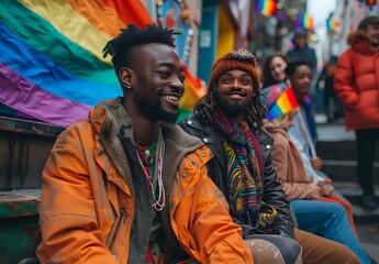 Fototapeta premium Two cheerful young African American friends enjoying pride celebration outdoors, wearing orange jackets with rainbow flag background, perfect for diversity and inclusion campaigns.