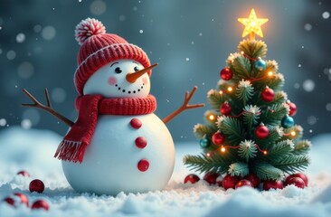 happy snowman in a Santa Claus hat and a green scarf is isolated on a white background