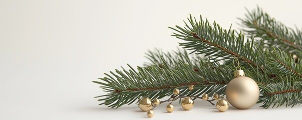 A festive arrangement of evergreen branches with golden ornaments, perfect for holiday celebrations.