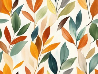 A vibrant pattern of colorful leaves in shades of orange, green, and beige, creating a lively botanical design.