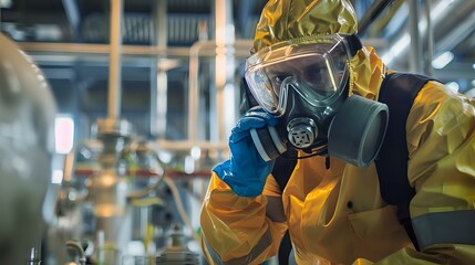 A professional in yellow hazmat suit and gas mask performing critical inspection in an industrial facility. Depicts safety measures, hazardous environment, and precise operations.