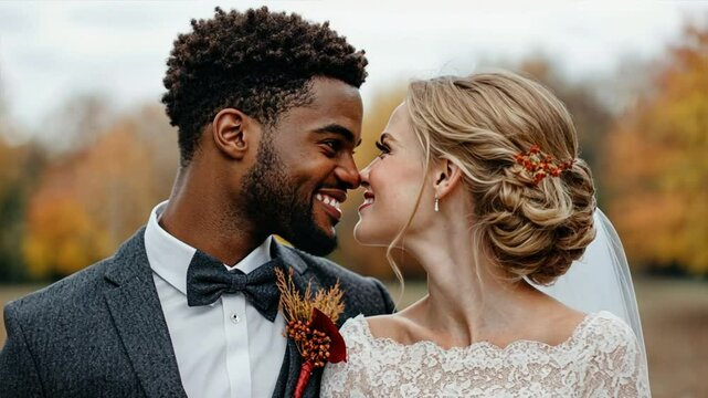 Autumnal Love: A close-up portrait of a smiling interracial couple on their wedding day, captured against a backdrop of vibrant fall foliage.  Their joy and connection are palpable.