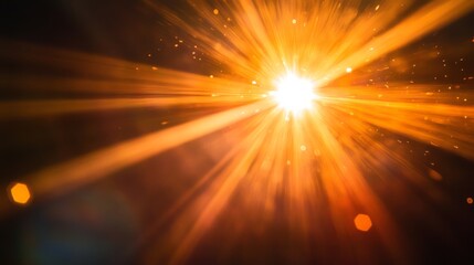 Bright Orange Light Rays and Glowing Particles Against a Dark Background
