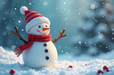 Fototapeta premium happy snowman in a Santa Claus hat and a green scarf is isolated on a white background