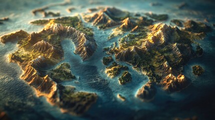 A 3D representation of a world map with raised terrain, illuminated softly.