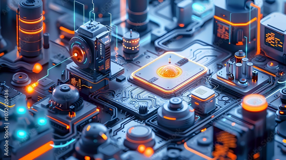 Poster futuristic microchip processor on circuit board with glowing orange and blue elements, digital techn