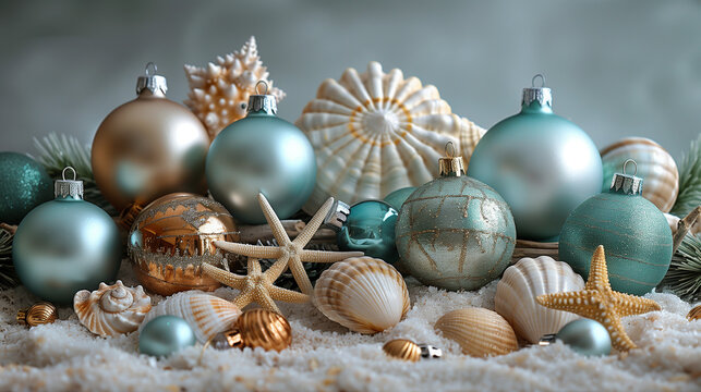 Christmas background, coastal, with silver ornaments