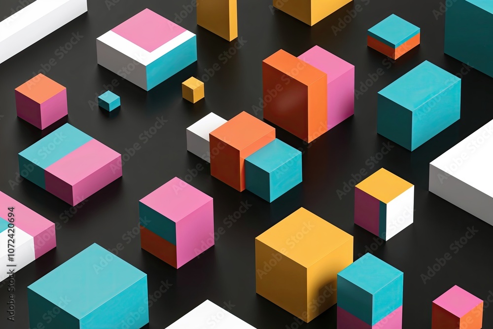 Poster 3d rendered abstract geometric blocks on dark background for technology design