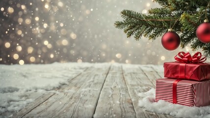 Fondo nevado con piso de madera con árbol de navidad y regalos 