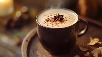Steaming Chai Latte, star anise, cinnamon; warm autumn vibes. Perfect cozy drink!