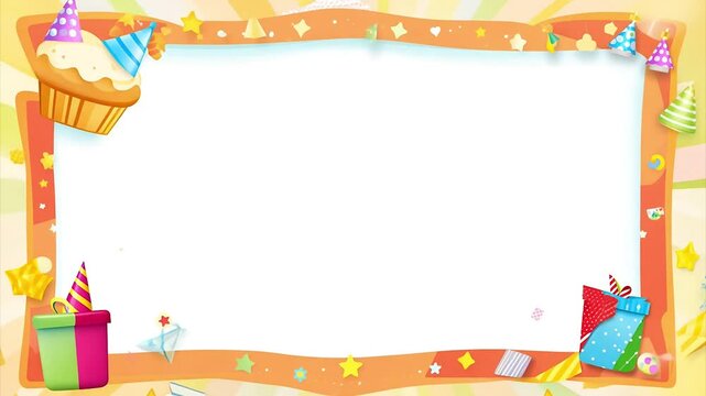 Kids birthday frame with presents, balloons, and confetti falling, perfect for celebrations and greetings.