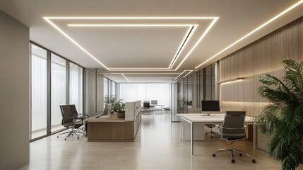 Fototapeta premium Modern Office Interior with Wooden Panels and Natural Light