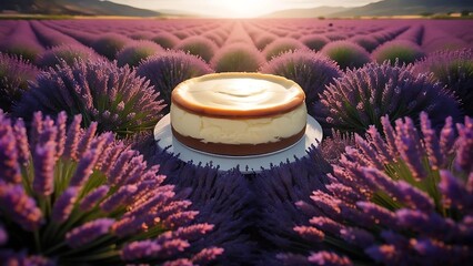 A creamy cheesecake on a plate, nestled among lush lavender plants in a beautiful outdoor setting.