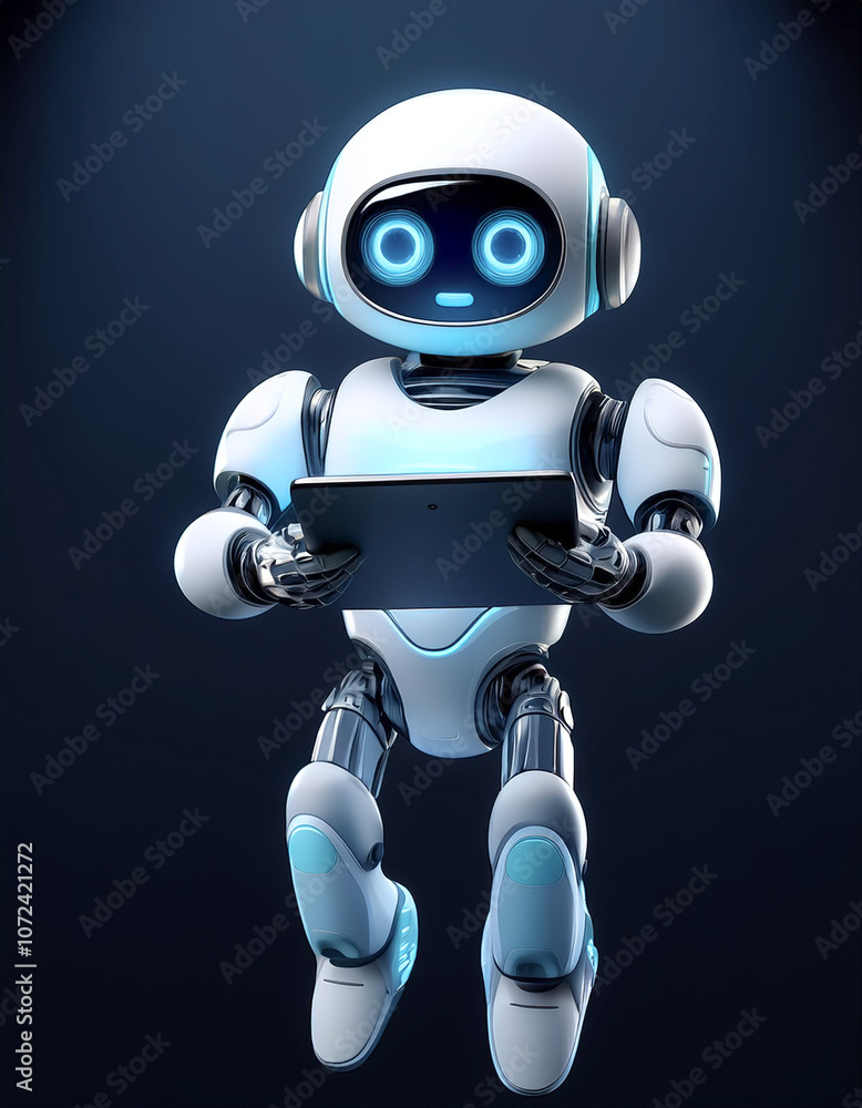 Poster ai robot using tablet floating or flying, isolated on a dark black