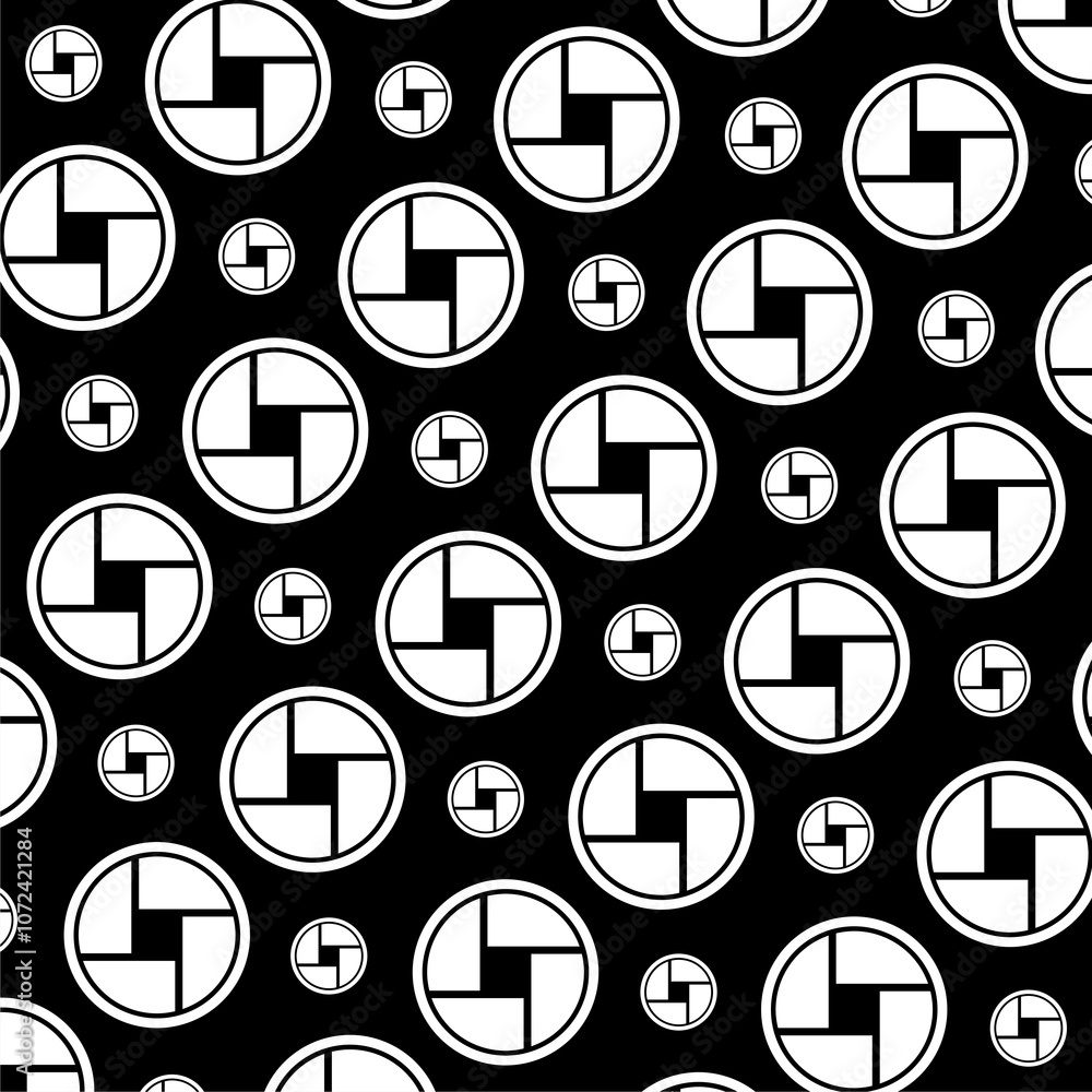 Poster camera shutter icon isolated seamless pattern on black background