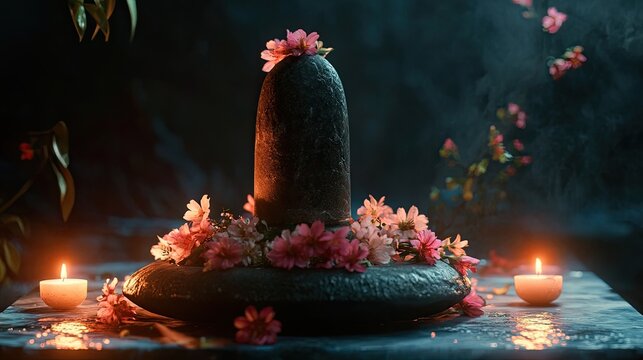 A beautifully crafted shiv ling adorned with fresh flowers and placed on a marble pedestal, illuminated by soft candlelight.