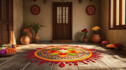 A beautifully decorated home with colorful rangoli designs on the floor to celebrate Makar Sankranti.