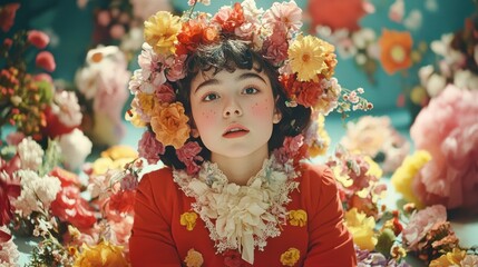 Naklejka premium A girl adorned with colorful flowers sits among a vibrant floral arrangement, exuding a whimsical and enchanting atmosphere.