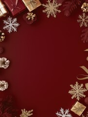 Festive holiday decorations featuring gold gifts and snowflakes arranged on a rich red background