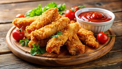 Fototapeta premium Fried breaded chicken tender strips with tomato