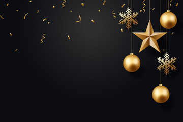 Happy New Year and Merry Christmas Golden Christmas tree decorations on a dark background, balls, stars and snowflakes. Golden confetti
