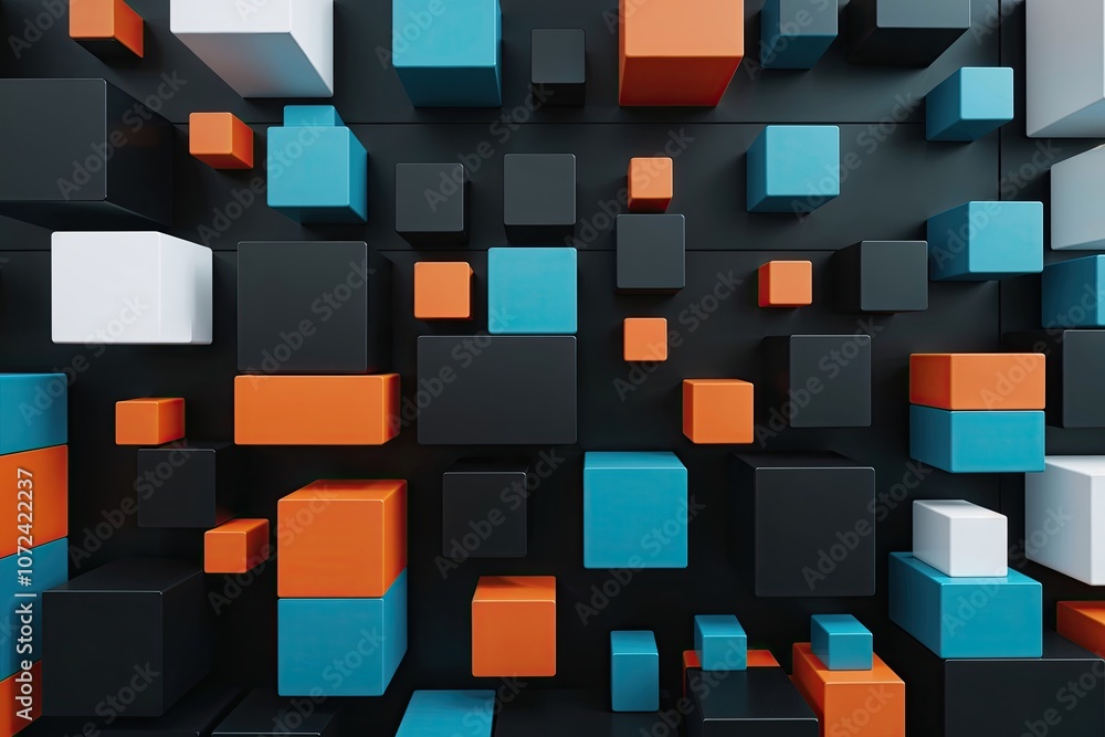 Poster 3d rendered technology design with abstract geometric blocks on black background