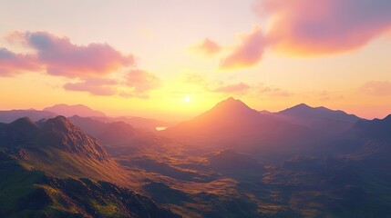 Obraz premium A breathtaking sunrise over a mountain range, casting warm light on the landscape.